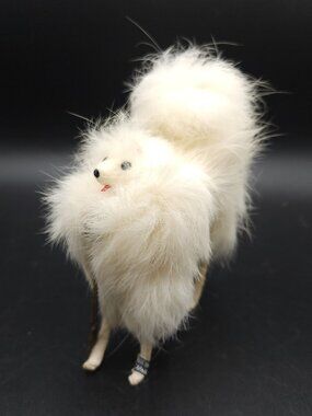 Vintage Japan Made Real Rabbit Fur Dog with Leash Figurine White 6" Tall.